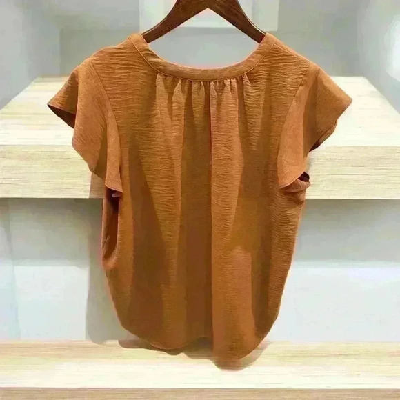 ADRIANNA PAPELL FLUTTER SLEEVE BLOUSE CAMEL SZ M MEDIUM - Picture 2 of 7